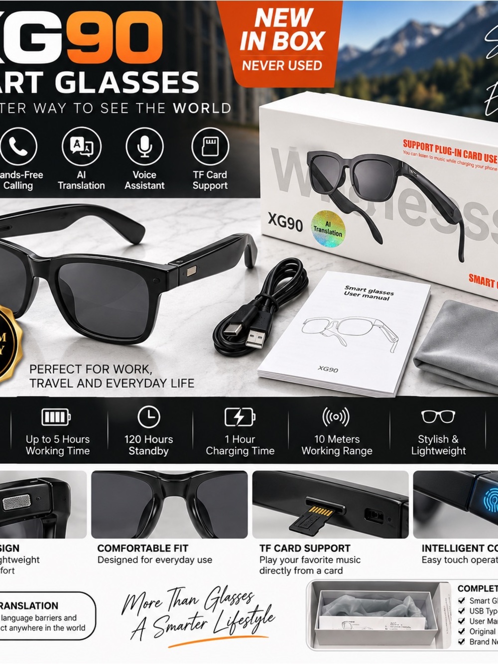 XG90 Smart Glasses Bluetooth 6.0 AI Translation Audio Sunglasses New Sealed
